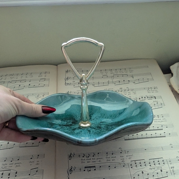 Blue Mountain Pottery Teal Ceramic Serving Tray with Silver Handle - Picture 6 of 8